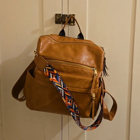 Vinyl brown backpack Brown Vinyl/Faux Leather Backpack Purse W/Braided Details  main image 4